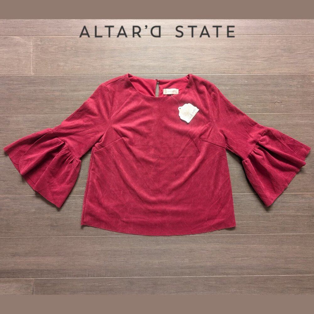 Altar'd State, Cranberry Red Faux Suede Blouse with Bell Sleeves, Sz S